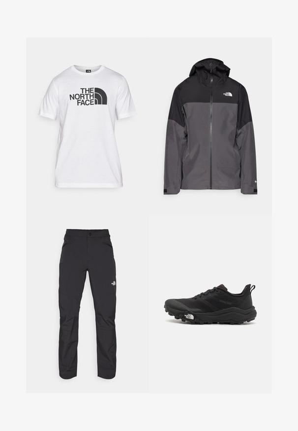 Pilkas vandeniui atsparus švarkas su juodu viršutiniu įdėklu, užtrauktuku priekyje, reguliuojamu gaubtu ir elastingomis rankovėmis. Yra logotipas ant krūtinės ir rankovės.; Balta medvilnės marškinėliai su juodu grafiniu spaudiniu, kuriame yra tekstas ir išlenkto logotipo dizainas. Apvalus iškirpimas ir trumpomis rankovėmis. Lygus audinys.; Juodi lauko kelnės su užtrauktuku priekyje, pagamintos iš sintetinės medžiagos, siaurėjančiomis kojomis ir sustiprintomis kelių dalimis. Savybė - mygtuko užsegimas.; Juoda bėgimo batai su tekstūruotu paviršiumi, guma padais ir sustiprinta pirštų dalimi. Yra paminkštinta apykaklė ir kilpos, leidžiančios lengvai užsidėti.