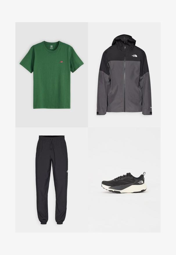 Jachetă impermeabilă gri, cu o secțiune superioară neagră, fermoar frontal, glugă ajustabilă și manșete elastice. Prezintă logo pe piept și pe mânecă.; Tricou din bumbac verde, cu guler rotund, mâneci scurte și un mic logo roșu Levi's pe pieptul stâng. Textură moale, croi standard.; Pantaloni atletici negri, confecționați dintr-un material ușor, cu un tiv elastic la talie, buzunare laterale și tivuri ajustate la gleznă.; Shoe sportiv negru cu superior din plasă texturată, accente negre solide și talpă ușoară albă. Dispune de închidere cu șireturi și mâner de prindere.