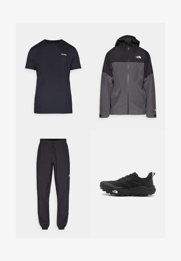 Pelēks ūdensnecaurlaidīgs mētelis ar melnu augšējo daļu, ar rāvējslēdzēja priekšpusi, regulējamu kapuci un elastīgām aprocēm. Iekļauj logotipu uz krūtīm un piedurknēm.; Melnā T-kreklā, kas izgatavots no mīksta auduma, ar apaļu kakla izgriezumu un īsām piedurknēm. "BORG" logo baltā krāsā kreisajā krūšu pusē.; Melni sporta bikses, kas izgatavotas no viegla auduma, ar savelcamu jostu, sānu kabatām un sašaurinātiem apakšējiem galiem pie potītēm.; Melnas taku skriešanas kurpes ar teksturētu virsu, gumijas zoli un pastiprinātu pirkstu daļu. Aprīkotas ar mīkstu apkakli un vilkšanas cilpu, lai viegli uzvilktu.