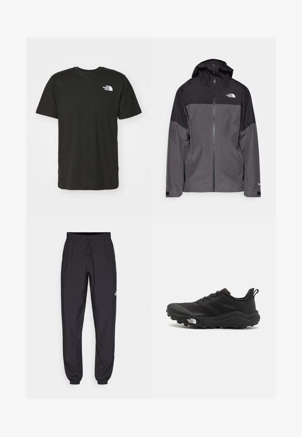 Siva vodootporna jakna s crnim gornjim dijelom, s patentnim zatvaračem sprijeda, podesivim kapuljačom i elastičnim manžetama. Ima logo na prsima i rukavu.; Crna pamučna majica kratkih rukava, s okruglim izrezom i malim bijelim logotipom na gornjem lijevom dijelu prsiju. Glatka tekstura, ležeran kroj.; Crne sportske hlače od lagane tkanine, s pojasom na vezanje, bočnim džepovima i suženim manžetama na gležnjevima.; Crne trail trkačke cipele s teksturiranim gornjim dijelom, gumeni potplat i ojačana zaštita za prste. Imaju podstavljen ovratnik i trakicu za lakše obuvanje.