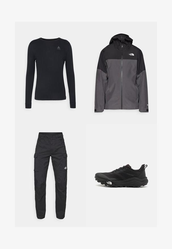 Szürke vízálló dzseki fekete felső résszel, cipzáros elülső rész, állítható kapucni és rugalmas mandzsetta. A mellkason és az ujjon logóval ellátva.; Hosszú ujjú fekete ing, sima anyagból, kerek nyakkivágással, a bal felső mellrészen egy kis szürke logóval.; The North Face EXPLORATION PANTS - Oldalzsebes nadrágok - black; Fekete terepfutó cipő, textúrált felső résszel, gumitalppal és megerősített lábujjrészével. Párnázott bokarésszel és húzófüllel rendelkezik a könnyű felhúzáshoz.