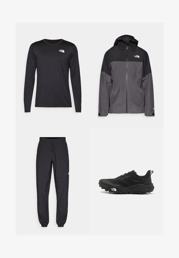 Gray waterproof jacket with a black upper section, zippered front, adjustable hood, and elastic cuffs. Features logo on chest and sleeve.; Long-sleeved black performance t-shirt made of lightweight fabric, featuring a white logo on the upper left chest. Smooth texture.; Black athletic pants made from lightweight fabric, featuring a drawstring waistband, side pockets, and tapered cuffs at the ankles.; Black trail running shoe with a textured upper, rubber sole, and reinforced toe cap. Features a padded collar and pull tab for easy wear.