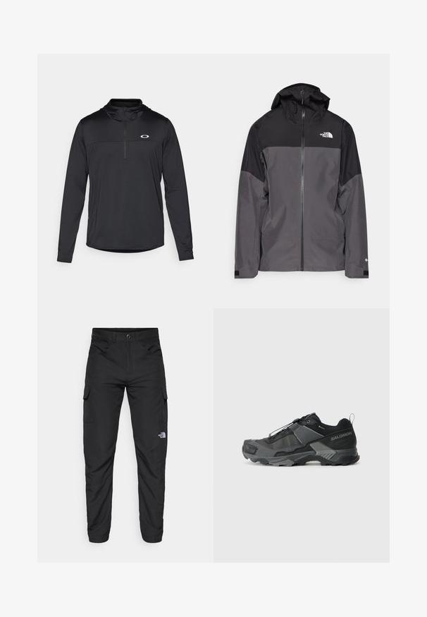 Pilkas vandeniui atsparus švarkas su juodu viršutiniu įdėklu, užtrauktuku priekyje, reguliuojamu gaubtu ir elastingomis rankovėmis. Yra logotipas ant krūtinės ir rankovės.; Juodas ilgomis rankovėmis puloveris su gobtuvu, su ketvirčio užtrauktuku ir subtiliu logotipu ant krūtinės, pagamintas iš lengvo, kvėpuojančio audinio.; The North Face HORIZON PANT - Lauko kelnės - black; Juodas bėgimo trail avalynė su patvariu tinkleliu, sustiprinta pado dalimi, tekstūruotu gumuotu padu ir elastingu raištelių sistema, užtikrinančia tvirtą prigludimą.