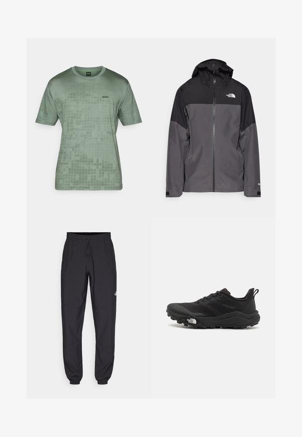 Grå vandtæt jakke med en sort overdel, lynlås foran, justerbar hætte og elastiske manchetter. Har logo på brystet og ærmet.; Grøn kortærmet T-shirt lavet af glat stof, med et rutemønster og et sort "BOSS" logo på venstre bryst.; Sorte atletiske bukser lavet af letvægtsstof, med en snor i taljen, sidelommer og tapered manchetter ved anklerne.; Sort trail løbesko med en struktureret overdel, gummisål og forstærket tåhætte. Har en polstret krave og en pull-tab til nem påtagning.