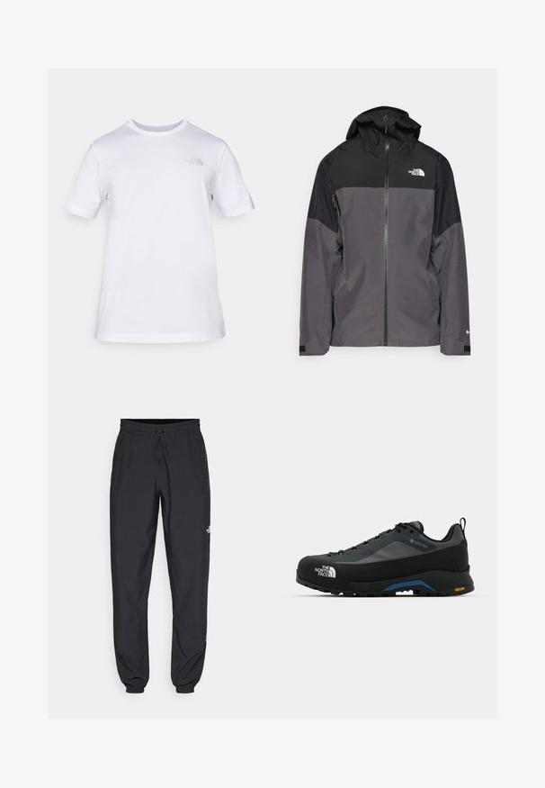 Siva vodoodbojna jakna z črnim zgornjim delom, zadrgo spredaj, nastavljivo kapuco in elastičnimi manšetami. Ima logotip na prsih in rokavih.; Bela bombažna majica s kratkimi rokavi in krožnim izrezom. Ima majhen sivi logo na levem prsnem delu. Gladka tekstura, standardna velikost.; Črne atletske hlače iz lahkega materiala, ki imajo elastični pas z vezalko, stranske žepe in zožene manšete na gležnjih.; The North Face VERTO ALPINE GORE TEX - Pohodniški čevlji - asphalt grey/tnf black