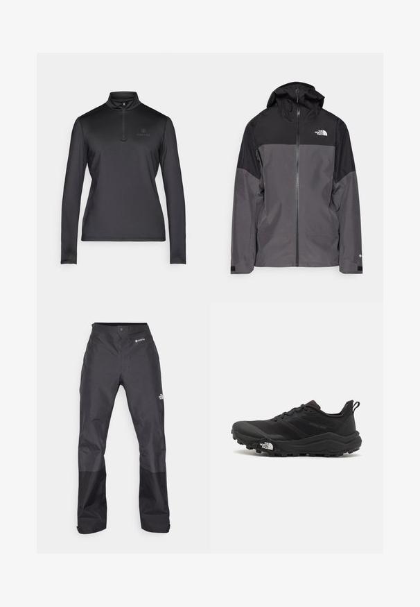 Szürke vízálló dzseki fekete felső résszel, cipzáros elülső rész, állítható kapucni és rugalmas mandzsetta. A mellkason és az ujjon logóval ellátva.; Fekete hosszú ujjú pulóver fél cipzáras gallérral. Könnyű, sima anyagból készült. Diszkrét logó található a bal felső mellrészen.; Fekete vízálló nadrág sima textúrával, elöl GORE-TEX logóval, és megerősített alsó lábrészekkel a tartósság érdekében.; Fekete terepfutó cipő, textúrált felső résszel, gumitalppal és megerősített lábujjrészével. Párnázott bokarésszel és húzófüllel rendelkezik a könnyű felhúzáshoz.