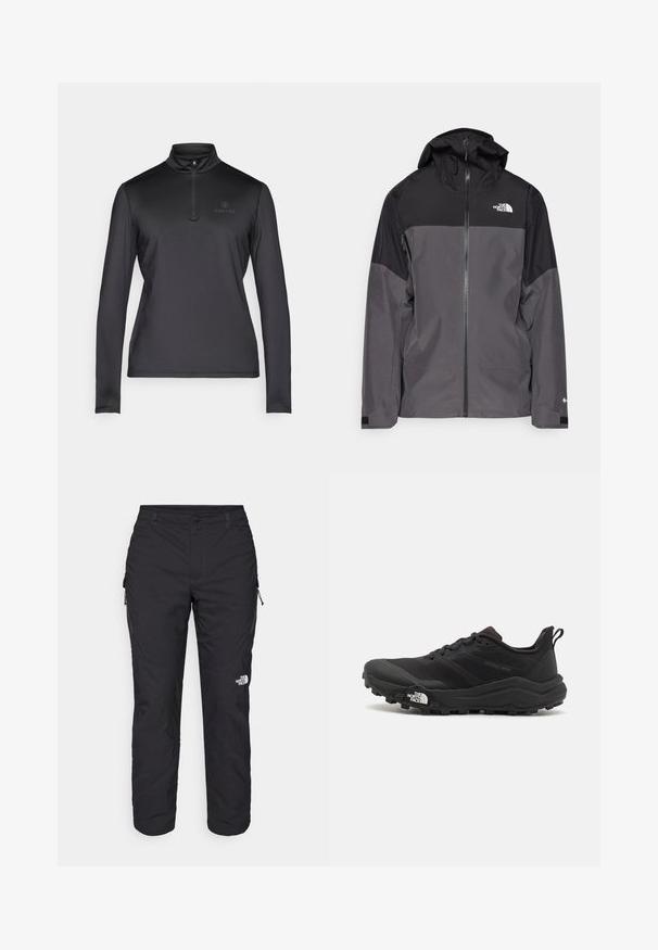 Šedá nepromokavá bunda s černou horní částí, zipem vpředu, nastavitelnou kapucí a elastickými manžetami. Na hrudi a rukávu je logo.; Černý pulovr s dlouhým rukávem a půlzipem u límečku. Vyroben z lehké, hladké látky. Na levé horní straně hrudi je nenápadné logo.; The North Face WINTER EXPLORATION TAPERED CARGO - Outdoorové kalhoty - black; Černé trailové běžecké boty s texturovaným svrškem, gumovou podrážkou a vyztuženou špičkou. Obsahují polstrovaný límec a poutko pro snadné obouvání.