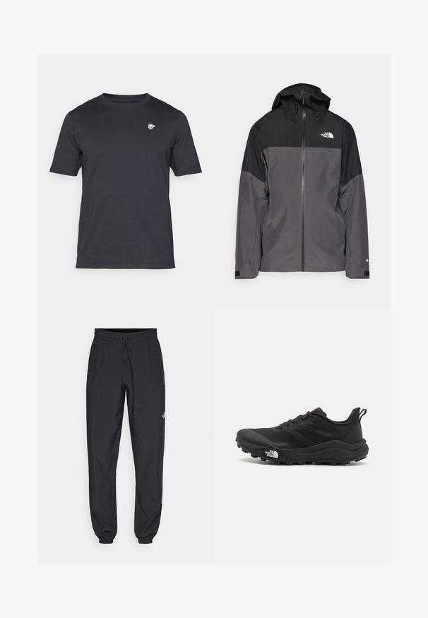 Pilkas vandeniui atsparus švarkas su juodu viršutiniu įdėklu, užtrauktuku priekyje, reguliuojamu gaubtu ir elastingomis rankovėmis. Yra logotipas ant krūtinės ir rankovės.; Tamsiai pilkos spalvos trumpomis rankovėmis marškinėliai, apvaliu kaklu, pagaminti iš minkštos medvilnės, su mažu baltu emblemą kairėje krūtinės pusėje. Paprastas dizainas, be raštų.; Juodos sportinės kelnės, pagamintos iš lengvos medžiagos, su raišteliu liemens srityje, šoniniais kišenėmis ir siaurėjantys apykaklės prie kulkšnies.; Juoda bėgimo batai su tekstūruotu paviršiumi, guma padais ir sustiprinta pirštų dalimi. Yra paminkštinta apykaklė ir kilpos, leidžiančios lengvai užsidėti.