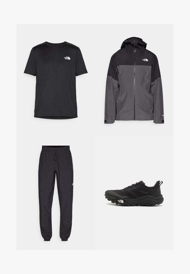 Casaco impermeável cinza com uma seção superior preta, fecho éclair à frente, capuz ajustável e punhos elásticos. Apresenta um logo no peito e na manga.; T-shirt preto de manga curta feito de um tecido leve. Apresenta um pequeno logo branco ao lado esquerdo do peito e detalhes subtis nos ombros.; Calças atléticas pretas feitas de tecido leve, com um cós ajustável por cordão, bolsos laterais e punhos afunilados nos tornozelos.; Sapatilha de trail running preta com um upper texturizado, sola de borracha e biqueira reforçada. Possui um colarinho acolchoado e uma alça para facilitar o calçar.