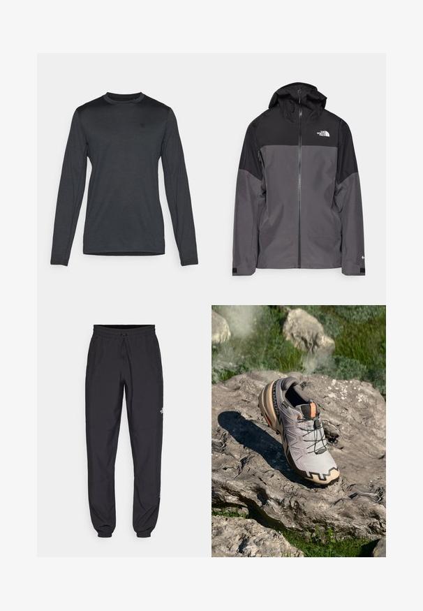 Pelēks ūdensnecaurlaidīgs mētelis ar melnu augšējo daļu, ar rāvējslēdzēja priekšpusi, regulējamu kapuci un elastīgām aprocēm. Iekļauj logotipu uz krūtīm un piedurknēm.; Tumšas pelēkas krāsas garām piedurknēm krekls, ar klasisko apkakli un smalku logotipa detaļu. Gluda tekstūra ar pieguļošu formu.; Melni sporta bikses, kas izgatavotas no viegla auduma, ar savelcamu jostu, sānu kabatām un sašaurinātiem apakšējiem galiem pie potītēm.; Gaišs pelēks taku skriešanas apavs ar bēšiem akcentiem, teksturēta virsma, melnas mežģīnes un izteikta zole. Satur zīmola logo.