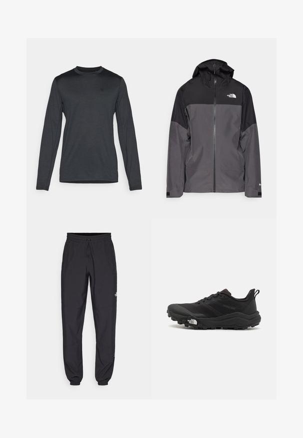 Šedá nepremokavá bunda s čiernou hornou časťou, so zipsom vpredu, nastaviteľnou kapucňou a elastickými manžetami. Obsahuje logo na hrudi a rukáve.; Dlhý rukáv tričko v tmavošedej farbe, s okrúhlym výstrihom a diskrétnym logom. Hladká textúra s priliehavým strihom.; Čierne športové nohavice vyrobené z ľahkej tkaniny, s elastickým pásom na šnurovanie, bočnými vreckami a zúženými manžetami na členkoch.; Čierne trailové behacie topánky s štruktúrovaným zvrškom, gumovou podrážkou a vystuženou špičkou. Obsahuje polstrovaný golier a úchyt na jednoduché obúvanie.