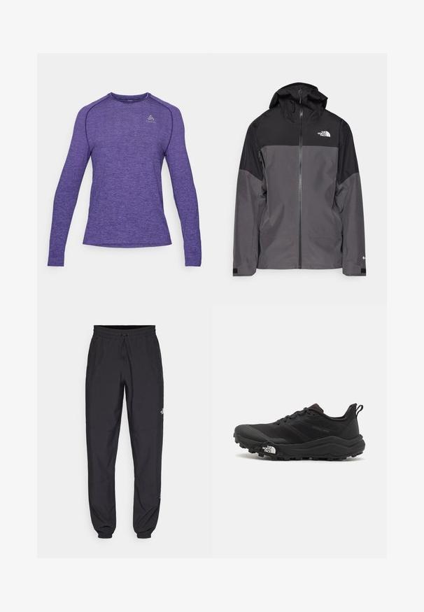 Pilkas vandeniui atsparus švarkas su juodu viršutiniu įdėklu, užtrauktuku priekyje, reguliuojamu gaubtu ir elastingomis rankovėmis. Yra logotipas ant krūtinės ir rankovės.; Ilgas rankoves purpurinės sportinės marškinėliai su tekstūruota raštu, apvaliu kaklu ir toniniu logotipu ant krūtinės. Pagaminta iš lengvos, kvėpuojančios medžiagos.; Juodos sportinės kelnės, pagamintos iš lengvos medžiagos, su raišteliu liemens srityje, šoniniais kišenėmis ir siaurėjantys apykaklės prie kulkšnies.; Juoda bėgimo batai su tekstūruotu paviršiumi, guma padais ir sustiprinta pirštų dalimi. Yra paminkštinta apykaklė ir kilpos, leidžiančios lengvai užsidėti.