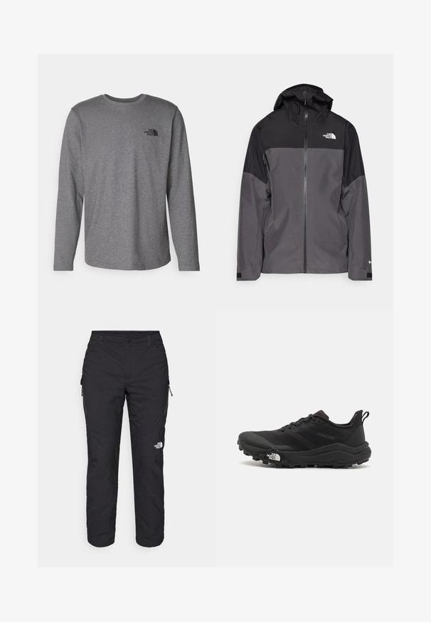 Siva vodoodbojna jakna z črnim zgornjim delom, zadrgo spredaj, nastavljivo kapuco in elastičnimi manšetami. Ima logotip na prsih in rokavih.; The North Face M L/S SIMPLE DOME TEE - Majica z dolgimi rokavi - medium grey heather; The North Face WINTER EXPLORATION TAPERED CARGO - Hlače za na prostem - black; Črne tekaške čevlje za trail s teksturirano zgornjega dela, gumijastim podplatom in ojačanim zaključkom prstov. Vključuje oblazinjen ovratnik in zanko za enostavno obuvanje.