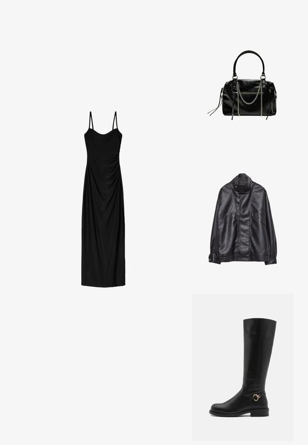 Czarna skórzana kurtka z wysokim kołnierzem i zatrzaskiem, z zapinanymi na zamek kieszeniami po bokach oraz szczegółowym przeszyciem z przodu i na rękawach.; Czarna midi sukienka z cienkimi regulowanymi ramiączkami, z drapowaną formą i gładką teksturą. Brak widocznych wzorów lub ozdób.; Anna Field Wide Fit - Kozaki; Bershka - Torebka