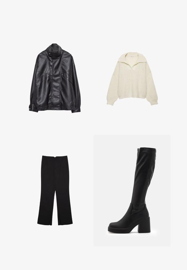 Musta nahkatakki, jossa on korkea kaulus ja nepparit, vetoketjulliset taskut sivuilla sekä yksityiskohtaista ompelua edessä ja hihoissa.; Neulepaita off-white-värissä, valmistettu paksusta neulemateriaalista. Ominaisuuksiin kuuluu leveä kaulus, putoavat olkapäät sekä ribbireunat helmassa ja hihoissa. Laatikkomainen muotoilu.; Mustat housut suoralinjaisella leikkauksella, joissa on etutaskut ja sivurei'ät helman alla. Valmistettu pehmeästä ja sileästä kankaasta. Sopii eri tilaisuuksiin.; Mustat, polvipituiset saappaat, jotka on valmistettu sileästä synteettisestä materiaalista. Saappaissa on paksu lohkare korko ja virtaviivainen muotoilu, jossa on venytetty yläosa.
