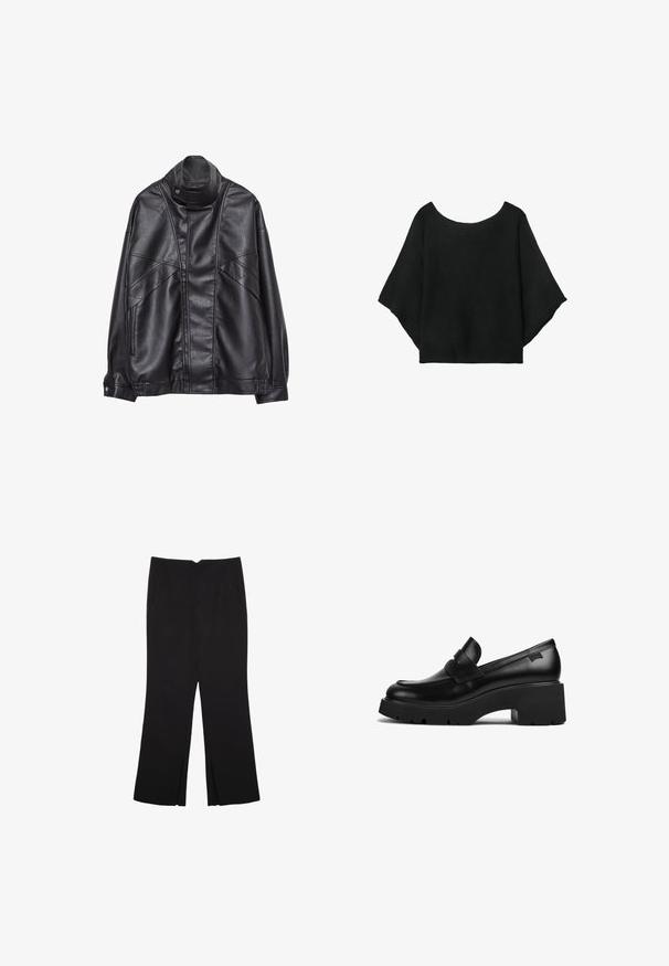 Black leather jacket with high collar and snap button, zip pockets on sides, and detailed stitching on front and sleeves.; Black knitted top with wide sleeves, a scoop neckline, and a relaxed fit. Fabric has a ribbed texture, with no fasteners or patterns.; Black trousers with a straight fit, featuring front pockets and side slits at the hem. Made of soft, smooth fabric. Suitable for various occasions.; Black leather chunky-heeled loafer with thick sole and a strap detail across the top, shown from the side on a white background.