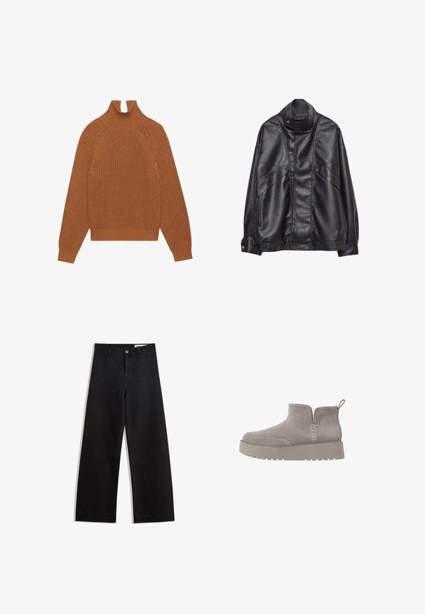Musta nahkatakki, jossa on korkea kaulus ja nepparit, vetoketjulliset taskut sivuilla sekä yksityiskohtaista ompelua edessä ja hihoissa.; Ruskea neulepaita korkealla puolikorkealla kauluksella, ribbireunuksilla ja hihansuilla. Sisältää tekstuurin, ja raglan-hihat antavat rentoa istuvuutta.; Mustat leveät farkut korkealla vyötäröllä, joissa on etu- ja takataskut, ommellut saumat ja nappisuljenta. Silkinoinen rakenne.; Harmaa mokkasiinibootsi matalalla profiililla, elastisilla sivupaneeleilla ja tekstuurilla varustetulla kumipohjalla. Varustettu vetonauhalla helppoa pukemista varten.
