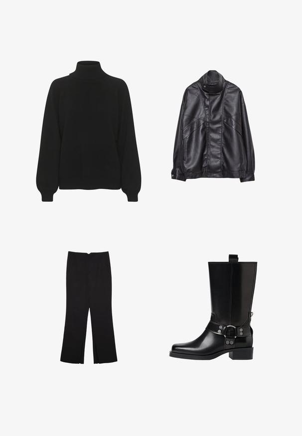 Svart läderjacka med hög krage och tryckknapp, fickor med dragkedja på sidorna och detaljerad sömnad på framsidan och ärmarna.; Svart polotröja med ribbad krage, raglanärmar och avslappnad passform. Stickad textur med uppvikta fållar.; Svarta byxor med rak passform, utrustade med framfickor och sidoklyvningar vid fållen. Tillverkade av mjukt, slätt tyg. Lämpliga för olika tillfällen.; Svart läderknähöga stövlar med spetsig tå, silverfärgade spännen och klumpig klack. Har en dragflik för enkel påtagning.