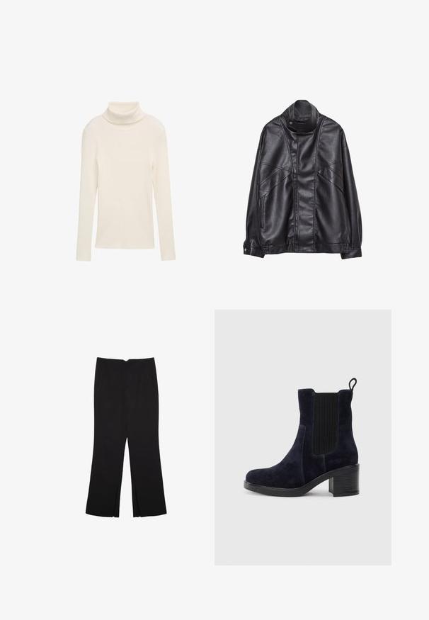 Svart läderjacka med hög krage och tryckknapp, fickor med dragkedja på sidorna och detaljerad sömnad på framsidan och ärmarna.; Krämfärgad polokrage topp i ribbat tyg. Långa ärmar och en åtsittande siluett. Inga synliga mönster eller hårdvarudetaljer.; Svarta byxor med rak passform, utrustade med framfickor och sidoklyvningar vid fållen. Tillverkade av mjukt, slätt tyg. Lämpliga för olika tillfällen.; Marinblå mocka ankelstövel med elastisk sidopanel, rund tå och klossklack. Textil med struktur och slät sula ger kontrast.
