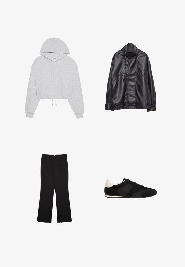 Svart läderjacka med hög krage och tryckknapp, fickor med dragkedja på sidorna och detaljerad sömnad på framsidan och ärmarna.; Grå kort cap hoodie i mjukt material, med en dragsko i huvan, långa ärmar och ribbad mudd. Enkelt design utan mönster eller grafik.; Svarta byxor med rak passform, utrustade med framfickor och sidoklyvningar vid fållen. Tillverkade av mjukt, slätt tyg. Lämpliga för olika tillfällen.; Svarta träningsskor med en texturerad mockaöverdel, släta syntetiska detaljer och en kontrasterande krämfärgad häl. Har traditionella snören och en gummisula.