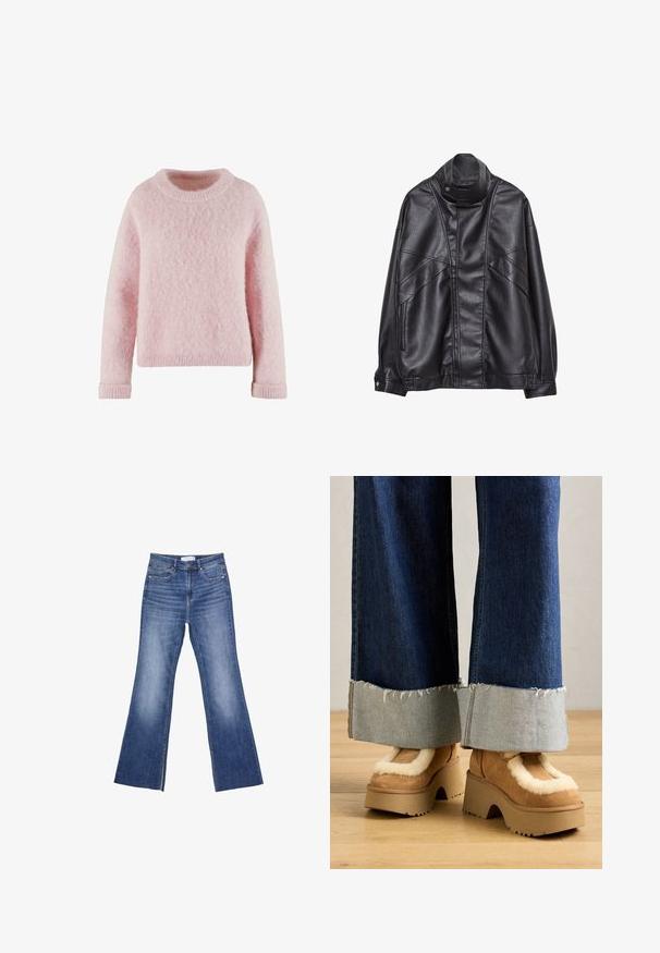 Crna kožna jakna s visokim ovratnikom i snap dugmetom, zip džepovima sa strane i detaljnim šavovima na prednjem dijelu i rukavima.; Svijetlo ružičasti pulover izrađen od mekanog, pahuljastog materijala. Ima okrugli izrez i rebraste naramenice. Jednostavan, udoban dizajn bez uzoraka.; Plave traperice s visokim strukom, prednjim džepovima i laganim širim izrezom na dnu na bijeloj pozadini.; Smeđe antilop čizme na platformu s kremastim krznom, u paru s širokim trapericama s rastrganim rubovima i svjetlijim traper rukavima.