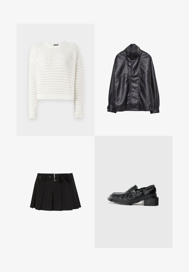 Veste en cuir noir avec col haut et bouton-pression, poches zippées sur les côtés, et coutures détaillées à l'avant et sur les manches.; Pull en tricot blanc avec un motif texturé, encolure ronde, manches longues et poignets et ourlet côtelés. Design court.; Jupe plissée noire avec une ceinture. Confectionnée dans un tissu lisse, avec une boucle en métal argenté et une taille structurée pour plus de style.; Mocassins en cuir noir avec une semelle structurée, présentant un talon bloc légèrement surélevé et un dessus texturé, maintenus par une sangle à l'avant.