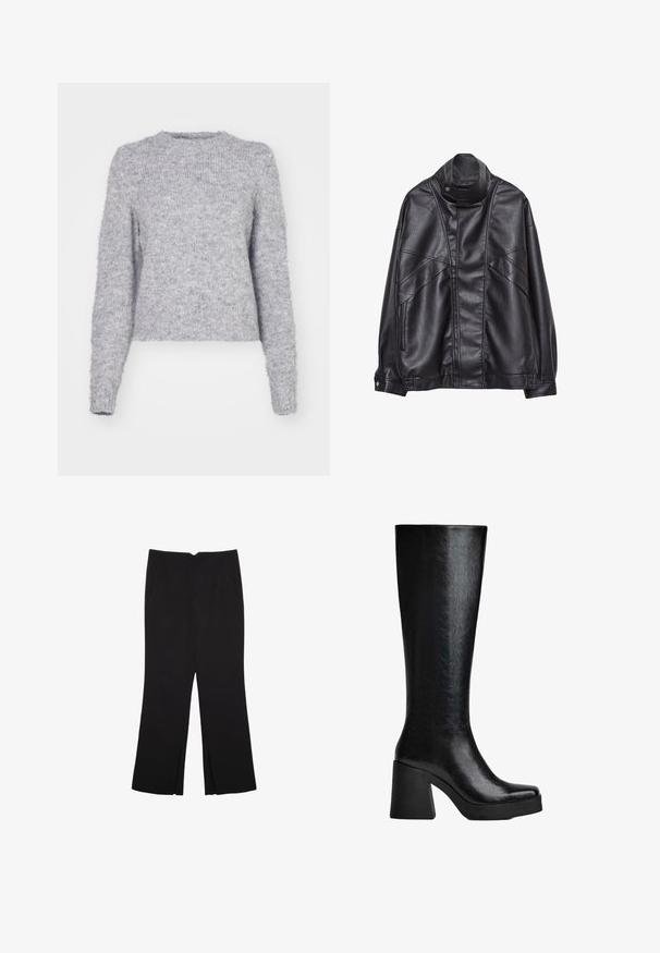 Czarna skórzana kurtka z wysokim kołnierzem i zatrzaskiem, z zapinanymi na zamek kieszeniami po bokach oraz szczegółowym przeszyciem z przodu i na rękawach.; Szary sweter dzianinowy z okrągłym dekoltem, długimi rękawami i miękką, puszystą teksturą. Posiada skrócony dół i luźny krój.; Czarne spodnie o prostym kroju, z przednimi kieszeniami i bocznymi rozcięciami na dole. Wykonane z miękkiego, gładkiego materiału. Odpowiednie na różne okazje.; Czarne, sięgające kolan botki wykonane z teksturowanego materiału syntetycznego, z kwadratowym noskiem, masywnym, wysokim obcasem oraz gładką, elegancką powierzchnią.