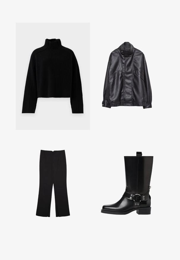 Schwarze Lederjacke mit hohem Kragen und Druckknopf, Reißverschlusstaschen an den Seiten und detaillierterStickerei an der Vorderseite sowie an den Ärmeln.; Schwarzer, gerippter Strickpullover mit hohem Kragen und verkürztem Design, ausgestattet mit langen Ärmeln und einer strukturierten Oberfläche.; Schwarze Hose mit geradem Schnitt, ausgestattet mit Fronttaschen und Seitenschlitzen am Saum. Hergestellt aus weichem, glattem Stoff. Geeignet für verschiedene Anlässe.; Schwarze Lederstiefel bis zum Knie mit spitzer Zehenform, silbernen Schnallenakzenten und einem klobigen Absatz. Verfügt über eine Zuglasche für einfaches Anziehen.