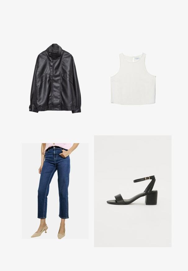 Czarna skórzana kurtka z wysokim kołnierzem i zatrzaskiem, z zapinanymi na zamek kieszeniami po bokach oraz szczegółowym przeszyciem z przodu i na rękawach.; Biała bezrękawnik z okrągłym dekoltem, z delikatną teksturą, z tylnym wycięciem w kształcie klucza oraz prostym wykończeniem dołu.; Granatowe dżinsy o prostym kroju, wysokim stanie i skróconej długości, z szlufkami na pasek i widocznymi detalami przeszycia.; Czarne sandały na obcasie z gładkiej skóry, z odkrytymi palcami, szerokimi przednimi paskami oraz regulowanym paskiem na kostkę z detalem w postaci złotego zapięcia.