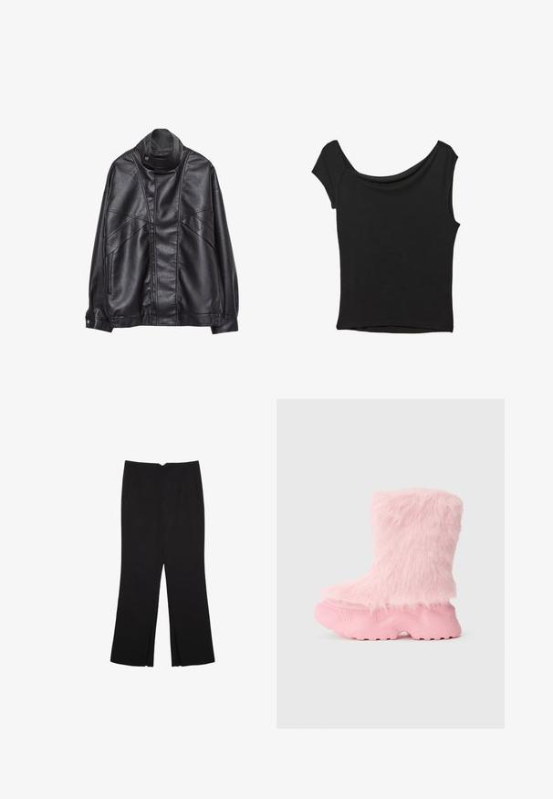 Černá kožená bunda s vysokým límcem a patentkami, zipovými kapsami na bocích a detailním prošíváním na přední části a rukávech.; Černý krátký rukáv top vyrobený z hladké látky; má drapovaný výstřih a asymetrický lem, s přiléhavým střihem.; Černé kalhoty s rovným střihem, s předními kapsami a bočními rozparky na lemu. Vyrobené z jemné, hladké tkaniny. Vhodné na různé příležitosti.; Námořnická růžová bota s texturovanou podrážkou a měkkou, nadýchanou umělou kožešinou pokrývající celou horní část.