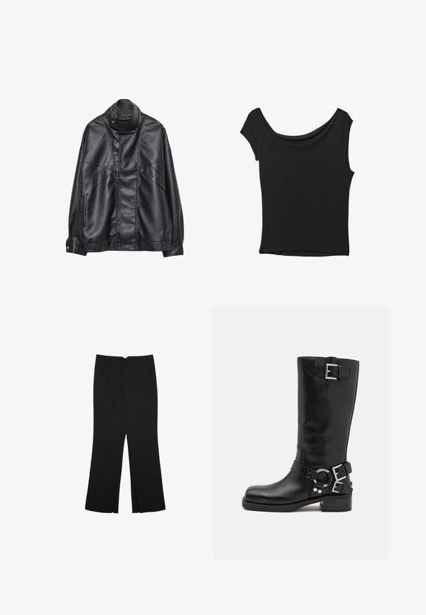 Črna usnjena jakna z visokim ovratnikom in pritrdilnimi gumbi, z žepi na zadrgo ob straneh ter podrobnim šivanjem spredaj in na rokavih.; Črna kratka majica s kratkimi rokavi iz gladkega blaga; ima drapiran izrez in asimetrično spodnjo rob, s prilegnjenim telesom.; Črne hlače ravnega kroja z naglavnimi žepi in stranskimi razporki na robu. Narejene iz mehke, gladke tkanine. Primerne za različne priložnosti.; Črne usnjene čezkolenske škornje s srebrnimi zaponkami in krožnim poudarkom, ki imajo zaobljen toe in nizko blok peto. Gladka tekstura.
