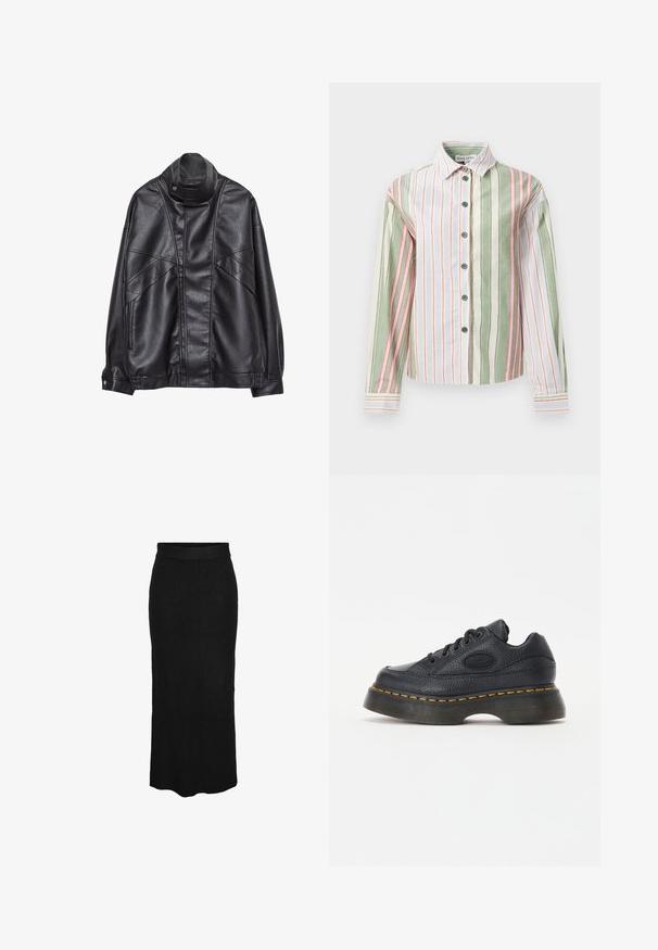 Musta nahkatakki, jossa on korkea kaulus ja nepparit, vetoketjulliset taskut sivuilla sekä yksityiskohtaista ompelua edessä ja hihoissa.; Raitapaitainen nappipaita vihreästä, valkoisesta ja vaaleanpunaisesta. Ominaisuuksiin kuuluu kaulus, pitkät hihat ja kaareva helma, jossa on kontrastiväriset hihansuut ja napit.; Pieces Maksihame - black; Musta nahkakengät, joissa on teksturoitu pinta, pyöreä kärki ja paksu pohja. Sisältää keltaista korostustikkausta ja merkkilogon sivussa.