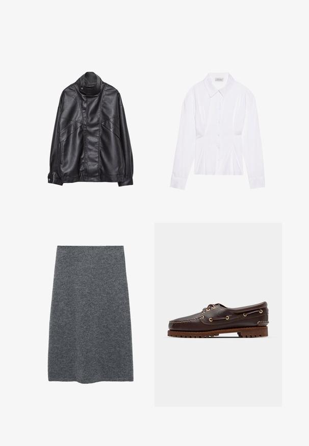 Schwarze Lederjacke mit hohem Kragen und Druckknopf, Reißverschlusstaschen an den Seiten und detaillierterStickerei an der Vorderseite sowie an den Ärmeln.; Weiße Bluse mit langen Ärmeln, klassischem Kragen, vorderer Knopfleiste und gerafftem Seitendetail. Glattes Material mit taillierter Form.; Grauer Strickrock mit glatter Textur, A-Linie Silhouette und ohne sichtbare Beschläge. Hat ein einfaches, sauberes Design und eine einfarbige Optik.; Braune Lederbootsschuhe mit goldenen Ösen, runden Schnürsenkeln und einer strukturierten braunen Gummisohle. Verfügt über genähte Details und ein erhabenes Logo.