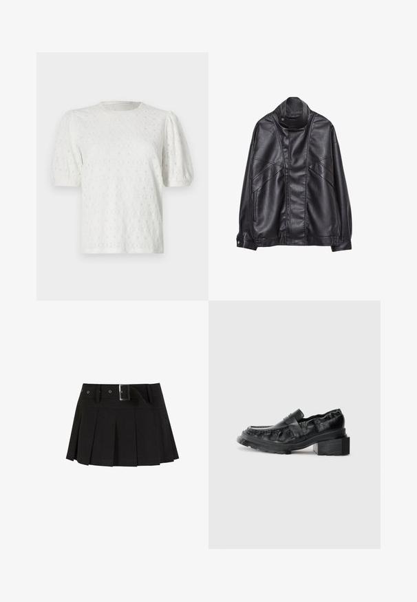 Musta nahkatakki, jossa on korkea kaulus ja nepparit, vetoketjulliset taskut sivuilla sekä yksityiskohtaista ompelua edessä ja hihoissa.; Valkoinen lyhythihainen paita, jossa on puffihihat, teksturoitu kukkakuvio ja pyöreä pääntie. Valmistettu kevyestä kankaasta.; Mustat poimutetut hameet vyöllä. Valmistettu sileästä kankaasta, jossa on hopeinen solki ja rakenteellinen vyötärö, joka lisää tyyliä.; Mustat nahkakengät, joissa on jämäkkä pohja, hieman korotettu lohkopohja ja teksturoitu pinta, jota pidetään paikallaan etuhihnalla.