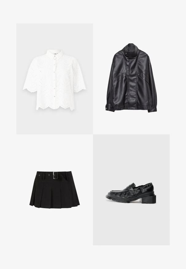 Černá kožená bunda s vysokým límcem a patentkami, zipovými kapsami na bocích a detailním prošíváním na přední části a rukávech.; Bílé tričko s krátkým rukávem a límečkem, s propracovanými výřezy a vlnkovým lemem. Zapínání na knoflíky vpředu.; Černá plisovaná sukně s páskem. Vyrobena z hladkého materiálu, zdobená stříbrnou sponou a se strukturálním pasekem pro zvýraznění stylu.; Černé kožené mokasíny se strukturovanou podrážkou, s mírně zvýšeným blokovým podpatkem a texturovaným svrškem, upevněné předním páskem.