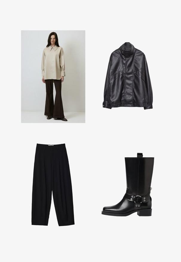 Sort læderjakke med høj krave og trykknap, lynlås lommer på siderne og detaljeret syning på fronten og ærmerne.; Langærmet, lysebeige skjorte med klassisk krave og knapmanchetter, parret med brune flared bukser og mørke sko.; Sorte vide benbukser lavet af letvægtsstof, med frontfolder, en klassisk talje og sidelommer. Glat tekstur.; Sort læderknæhøj støvle med spids tå, sølv spænde detaljer og en robust hæl. Har en trækflap for nem påtagning.