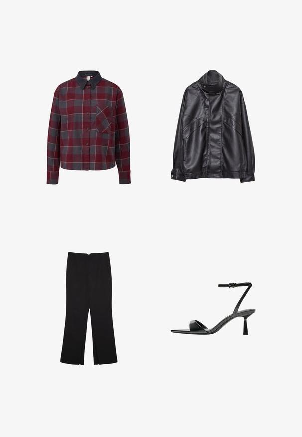 Schwarze Lederjacke mit hohem Kragen und Druckknopf, Reißverschlusstaschen an den Seiten und detaillierterStickerei an der Vorderseite sowie an den Ärmeln.; Karierte Button-Up-Hemd mit roten, grauen und weißen Quadraten. Aus Baumwolle, mit einem Cordkragen und einer Brusttasche. Lange Ärmel.; Schwarze Hose mit geradem Schnitt, ausgestattet mit Fronttaschen und Seitenschlitzen am Saum. Hergestellt aus weichem, glattem Stoff. Geeignet für verschiedene Anlässe.; Bershka High Heel Sandalette - black