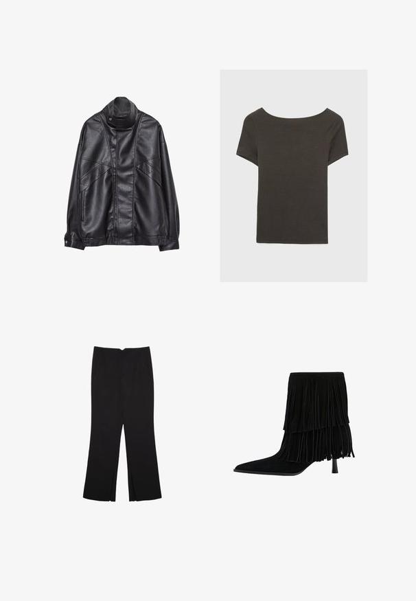 Schwarze Lederjacke mit hohem Kragen und Druckknopf, Reißverschlusstaschen an den Seiten und detaillierterStickerei an der Vorderseite sowie an den Ärmeln.; Dunkelgraues Kurzarmoberteil mit Bootsausschnitt. Hergestellt aus geripptem Stoff, mit lockerer Passform und sauberem Saum. Einfaches Design, ohne Muster.; Schwarze Hose mit geradem Schnitt, ausgestattet mit Fronttaschen und Seitenschlitzen am Saum. Hergestellt aus weichem, glattem Stoff. Geeignet für verschiedene Anlässe.; Schwarze Wildleder-Ankle-Boots mit einem geschichteten Fransen-Design, spitzem Zehenbereich und Stiletto-Absatz. Die Textur ist weich und das Finish erscheint glatt.