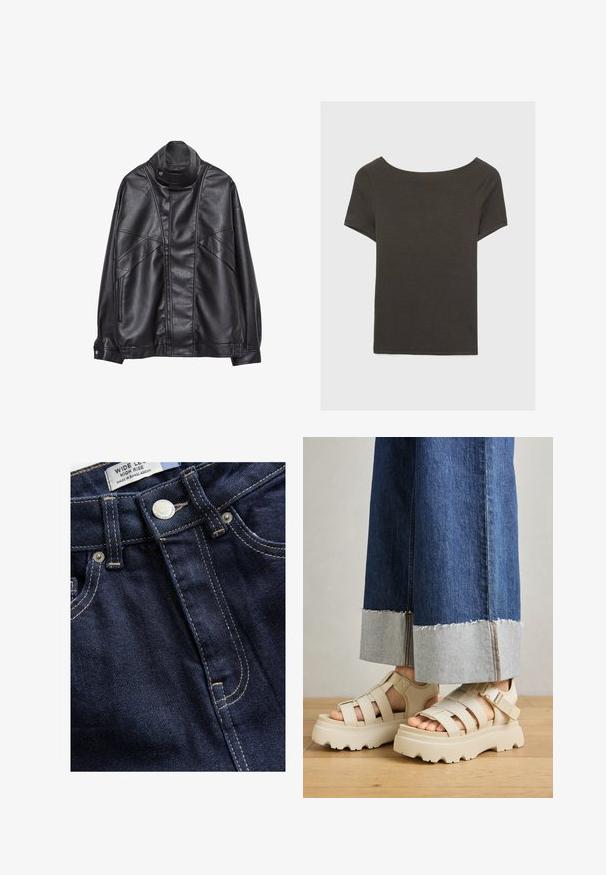 Crna kožna jakna s visokim ovratnikom i snap dugmetom, zip džepovima sa strane i detaljnim šavovima na prednjem dijelu i rukavima.; Tamno sivi kratki rukav s izrezom u obliku čamca. Izrađen od rebrastog materijala, s opuštenim krojem i ravnim rubom. Jednostavan dizajn, bez uzoraka.; Next WIDE - Široke nogavice - rinse; Bež platforme sandale s debelim potplatima imaju dizajn s trakama i podesivim remenima oko gležnja. Nanesene su uz široke traperice, a jedna nogavica je pohabana.