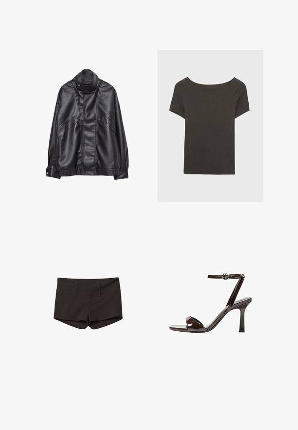 Schwarze Lederjacke mit hohem Kragen und Druckknopf, Reißverschlusstaschen an den Seiten und detaillierterStickerei an der Vorderseite sowie an den Ärmeln.; Dunkelgraues Kurzarmoberteil mit Bootsausschnitt. Hergestellt aus geripptem Stoff, mit lockerer Passform und sauberem Saum. Einfaches Design, ohne Muster.; Schwarze Baumwollshorts mit tailliertem Design, das eine glatte Textur und zwei Fronttaschen aufweist. Mittelhoher Bund ohne auffällige Muster.; Braune Lackleder-High-Heelsandale mit einem Knöchelriemen, offener Zehenpartie und einem schlanken, minimalistischen Design. Verfügt über einen quadratischen Absatz.
