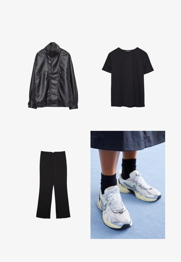 Črna usnjena jakna z visokim ovratnikom in pritrdilnimi gumbi, z žepi na zadrgo ob straneh ter podrobnim šivanjem spredaj in na rokavih.; Enostavna črna bombažna majica s kratkimi rokavi in okroglim izrezom, prikazana na belem ozadju.; Črne hlače ravnega kroja z naglavnimi žepi in stranskimi razporki na robu. Narejene iz mehke, gladke tkanine. Primerne za različne priložnosti.; Bele in srebrne Nike teniske z mrežasto tkanino, refleksnimi poudarki in bež podplatom. Nosi se z črnimi nogavicami, stoji na modri površini.
