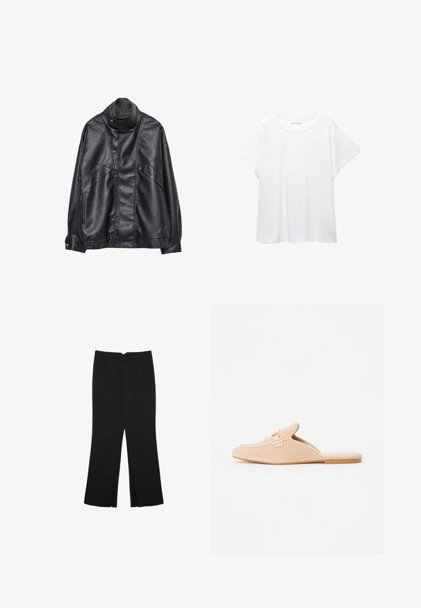 Sort læderjakke med høj krave og trykknap, lynlås lommer på siderne og detaljeret syning på fronten og ærmerne.; Hvid T-shirt lavet af blødt, let stof. Har en rund halsudskæring og korte, brede ærmer med en afslappet pasform. Ingen synlige mønstre.; Sorte bukser med lige pasform, der har frontlommer og slidser i kanten. Lavet af blødt, glat stof. Velegnet til forskellige anledninger.; Beige ruskinds slip-on loafers med lukket tå, der har en dekorativ spænde detalje og en flad korksål. Glat tekstur med minimalistisk design.