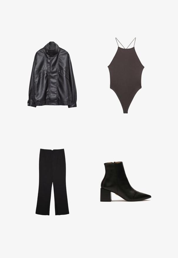 Černá kožená bunda s vysokým límcem a patentkami, zipovými kapsami na bocích a detailním prošíváním na přední části a rukávech.; Hnědé, jednodílné plavky s vysokým krkem a tenkými, nastavitelnými ramínky; mají vysoký střih nohavic a hladkou texturu. Žádné vzory ani ozdoby.; Černé kalhoty s rovným střihem, s předními kapsami a bočními rozparky na lemu. Vyrobené z jemné, hladké tkaniny. Vhodné na různé příležitosti.; Černá kožená kotníková bota s špičatou špičkou, blokovým podpatkem a zipovým uzávěrem na zadní straně. Hladký povrch s minimem švů.