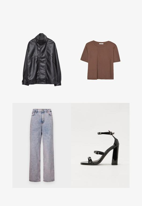 Crna kožna jakna s visokim ovratnikom i snap dugmetom, zip džepovima sa strane i detaljnim šavovima na prednjem dijelu i rukavima.; Smeđi kratki rukav majica od mekog materijala, s okruglim izrezom i opuštenim krojem. Nema vidljivih uzoraka ili naglasaka.; Svijetloplave traperice s opuštenim ravnim krojem, s visokim strukom, dizajnom s pet džepova i brončanim klinkerima.; Crne lakirane sandale na pete sa kvadratnim nosom, trakama oko gležnja i srebrnim kopčama. Imaju čvrst blok petu za stabilnost.
