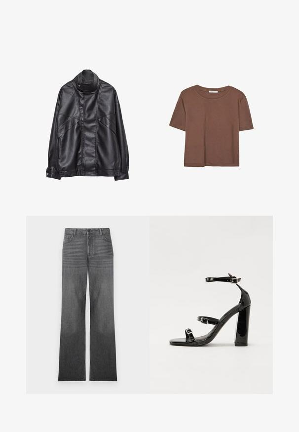 Črna usnjena jakna z visokim ovratnikom in pritrdilnimi gumbi, z žepi na zadrgo ob straneh ter podrobnim šivanjem spredaj in na rokavih.; Rjava kratka majica s kratkimi rokavi iz mehkega materiala, s krožnim izrezom in ohlapnim krojem. Brez vidnih vzorcev ali dodatkov.; Sive vinkaste široke kavbojke z zmernim pranjem, ki vključujejo pet žepov, sprednje gumbe za zapiranje in subtilne šive.; Črne lakirane sandale s peto, kvadratnim prstom, trakovi okrog gležnja in srebrnimi zaponkami. Opremljene so s stabilno Debelo peto.