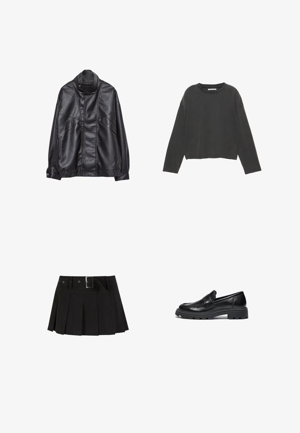 Černá kožená bunda s vysokým límcem a patentkami, zipovými kapsami na bocích a detailním prošíváním na přední části a rukávech.; Černé zkrácené tričko s dlouhým rukávem vyrobené z měkké bavlny. Má kulatý výstřih a viditelné švy podél švů.; Černá plisovaná sukně s páskem. Vyrobena z hladkého materiálu, zdobená stříbrnou sponou a se strukturálním pasekem pro zvýraznění stylu.; Černé kožené loafers s kulatou špičkou, šitými detaily a masivní gumovou podrážkou s texturovaným protiskluzovým vzorem.