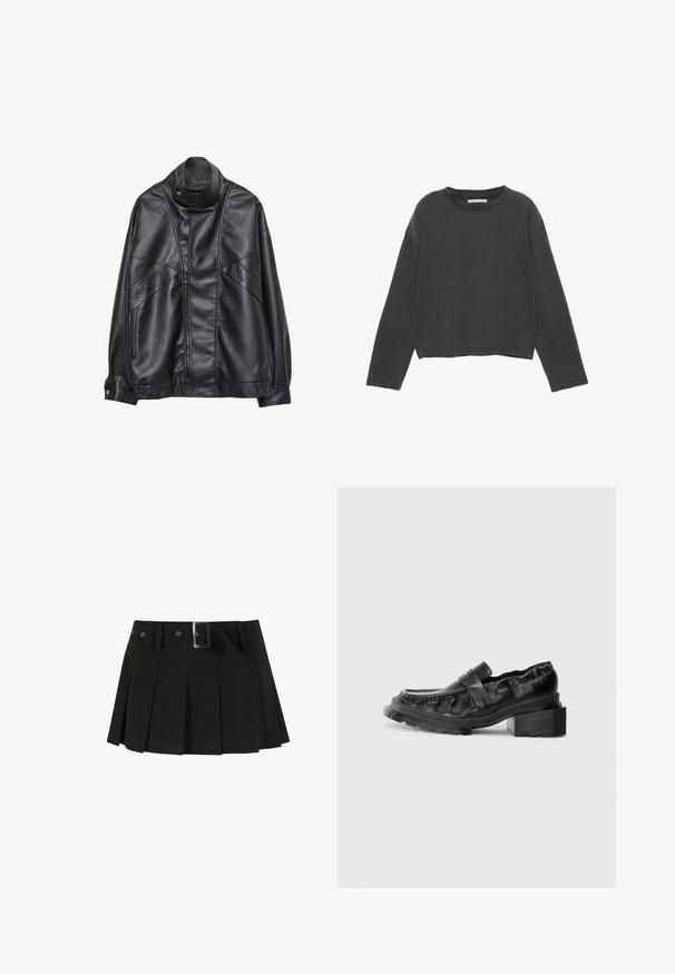 Giacca in pelle nera con collo alto e bottone a scatto, tasche con zip sui lati e cuciture dettagliate sul davanti e sulle maniche.; Maglietta nera cropped a maniche lunghe in morbido cotone. Presenta un colletto rotondo e cuciture visibili lungo le cuciture.; Gonna nera a pieghe con cintura. Realizzata in un tessuto liscio, presenta una fibbia argentata e una vita strutturata per un tocco di stile in più.; Mocassini in pelle nera con suola strutturata, caratterizzati da un tacco a blocco leggermente sollevato e una tomaia texturizzata, fissati da una cintura frontale.