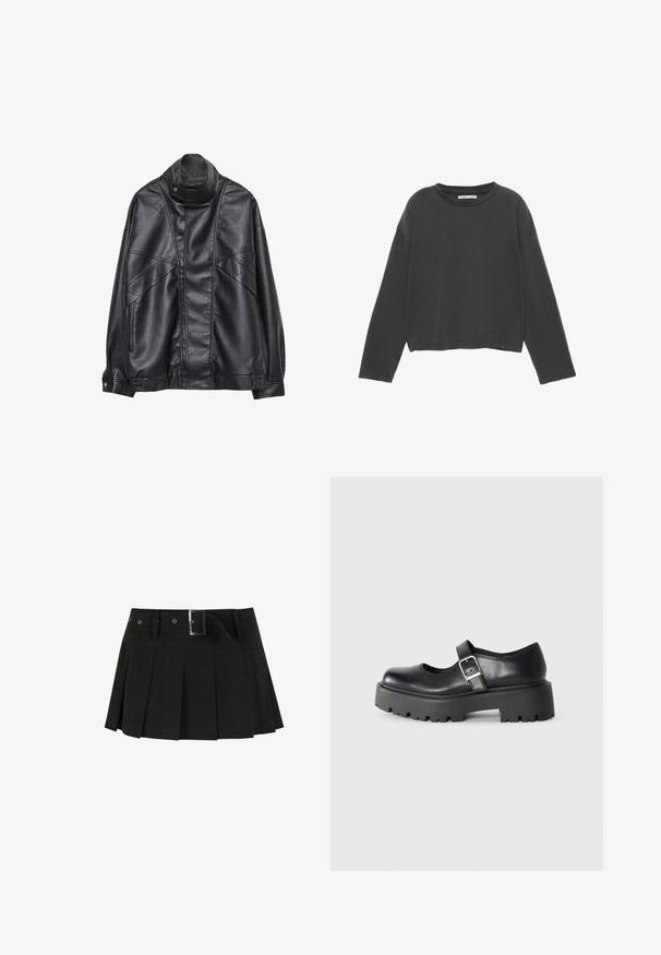Čierna kožená bunda s vysokým golierom a cvokmi, so zipsovými vreckami po stranách a precízne prešívaním na prednej strane a rukávoch.; Čierne skrátené tričko s dlhým rukávom vyrobené z mäkkého bavlneného materiálu. Má okrúhly výstrih a viditeľné stehy pozdĺž švov.; Čierna skladaná sukňa s opaskom. Vyrobená z hladkej látky, s striebornou prackou a tvarovaným pásom pre zvýraznenie štýlu.; ALDO ARIGON - Našuchovačky - black