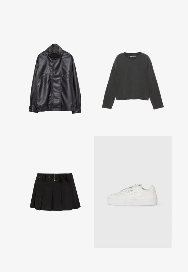 Black leather jacket with high collar and snap button, zip pockets on sides, and detailed stitching on front and sleeves.; Black cropped long-sleeve t-shirt in soft cotton material. Features a round neckline and visible stitching along the seams.; Black pleated skirt with a belt. Made from a smooth fabric, featuring a silver buckle, and a structured waistband for added style.; White low-top sneaker with lace-up design, perforated details, and "CPNHGN" printed on the side, on a plain white background.