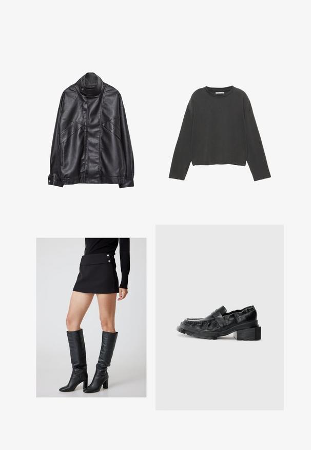 Sort læderjakke med høj krave og trykknap, lynlås lommer på siderne og detaljeret syning på fronten og ærmerne.; Sort cropped langærmet t-shirt i blødt bomulds materiale. Har en rund halsudskæring og synlige sømme langs sømmene.; Sort mini skør med fold-over talje og sølvknapper, parret med knæ-høje sorte læderstøvler med en kraftig hæl.; Sorte læderloafers med en struktureret sål, der har en let forhøjet blokhæl og en tekstureret overdel, sikret med en frontrem.